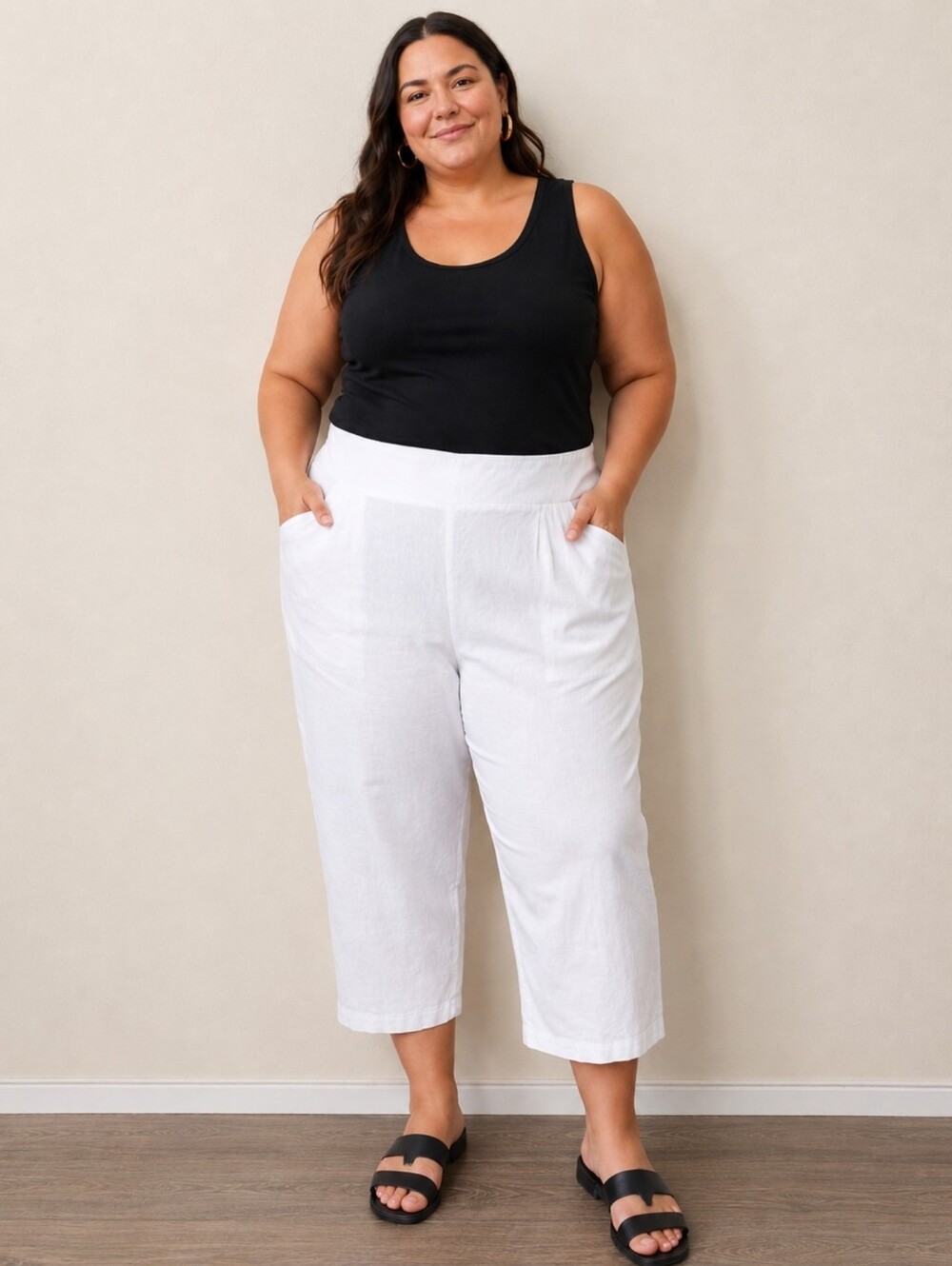 Investments Woman Plus Size 2X White Stretch Linen Blend Pull-On Cropped Pants